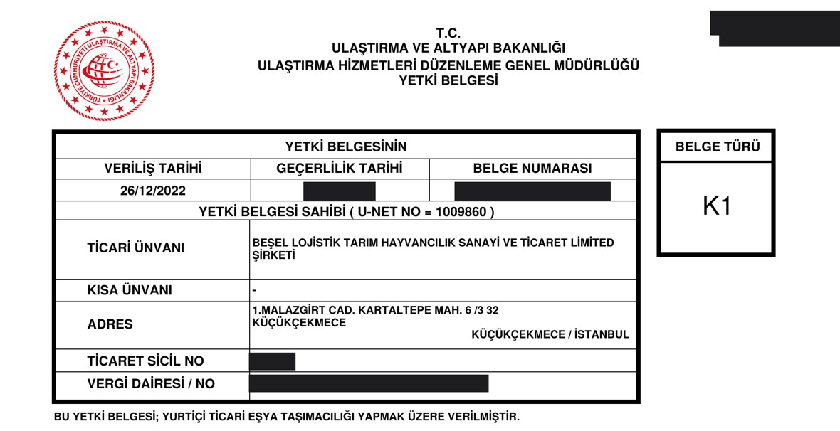 Beşel Lojistik K1 licence