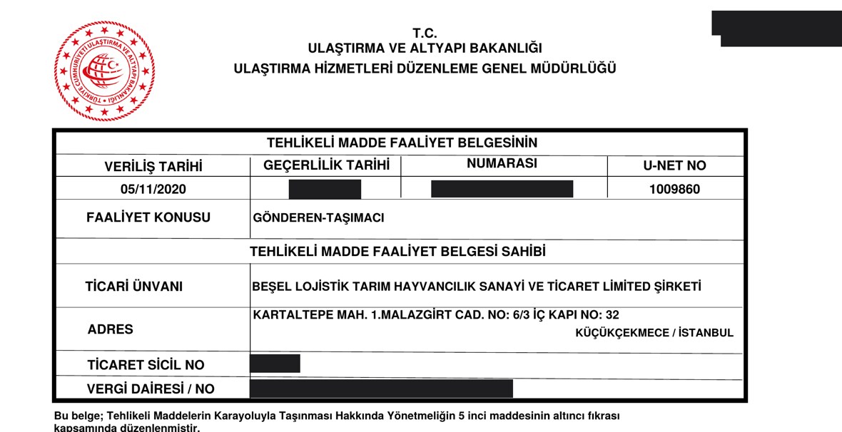 Beşel Lojistik dangerous goods activity certificate